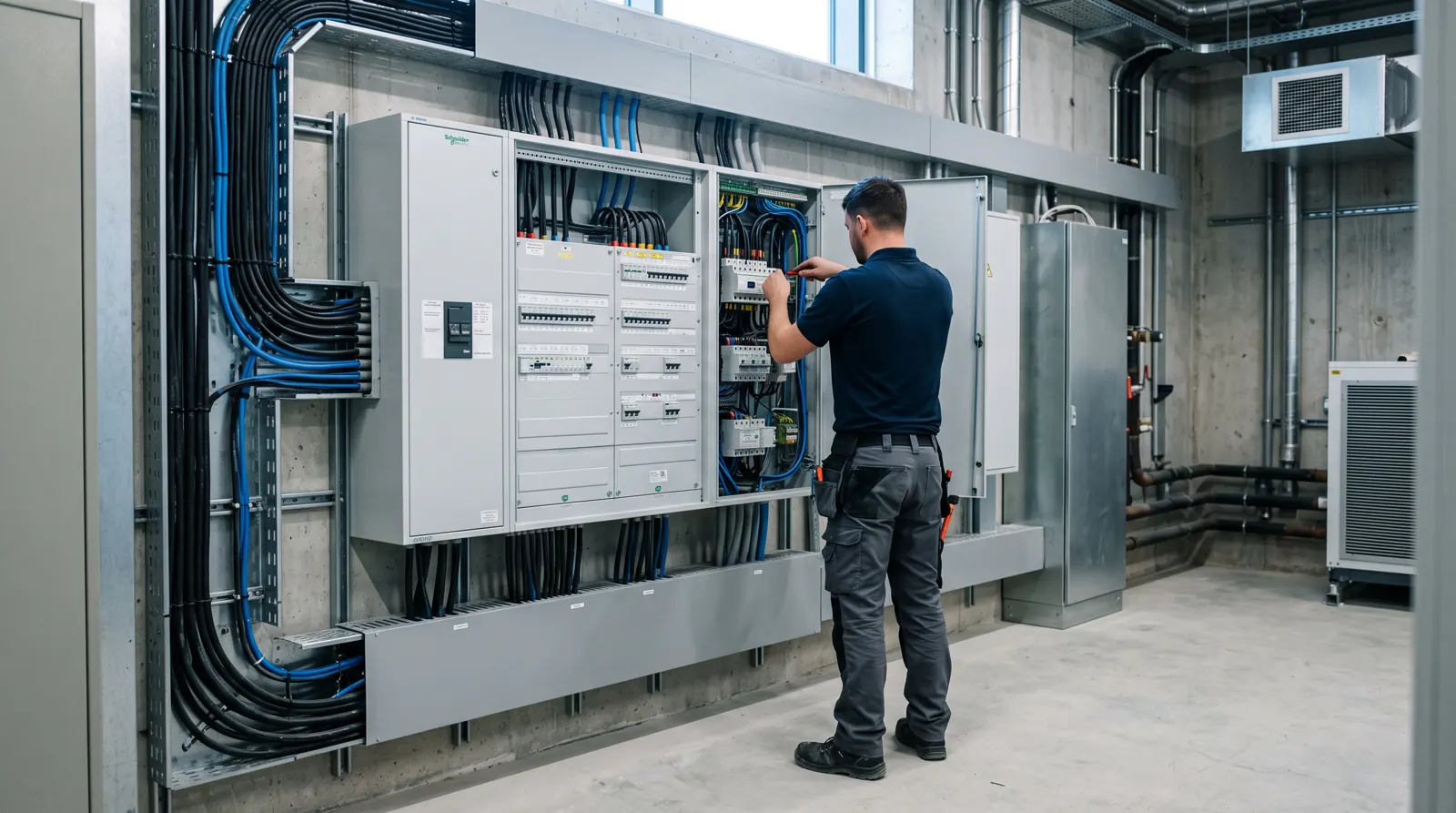 Three-phase distribution board in a commercial plant room